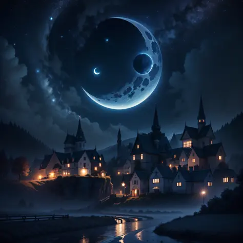 (best quality, masterpiece), night dark blue sky, twinkling, swirling stars, crescent moon, tranquil village, charming, picturesque, radiating light, soothing, calm, fantasy, dreamlike.