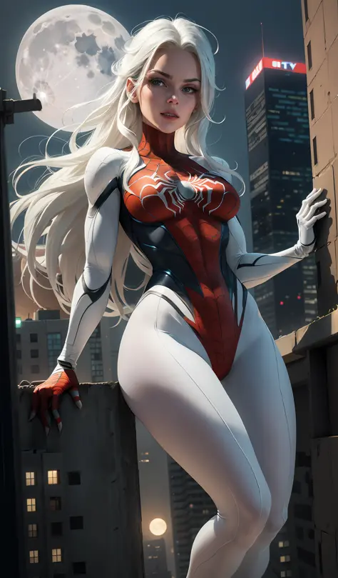 Milly Alcock (Masterpiece, 4k resolution, ultra-realistic, very detailed), (White superhero theme, charismatic, there's a girl at the top of town, wearing Spider-Man costume, she's a superhero), [ ((25 years), (long white hair:1.2), full body, (blue eyes:1...