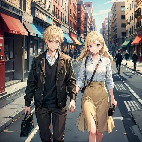 On the street, blonde hair, boys and girls walking together, very sweet