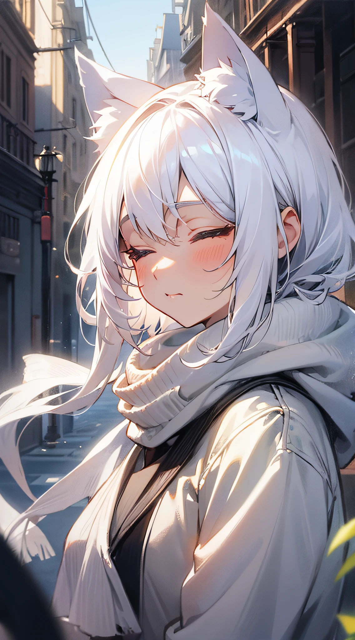 masterpiece, best quality, 1girl, white hair, medium hair, cat ears, closed eyes, looking at viewer, :3, cute, scarf, jacket, outdoors, streets,