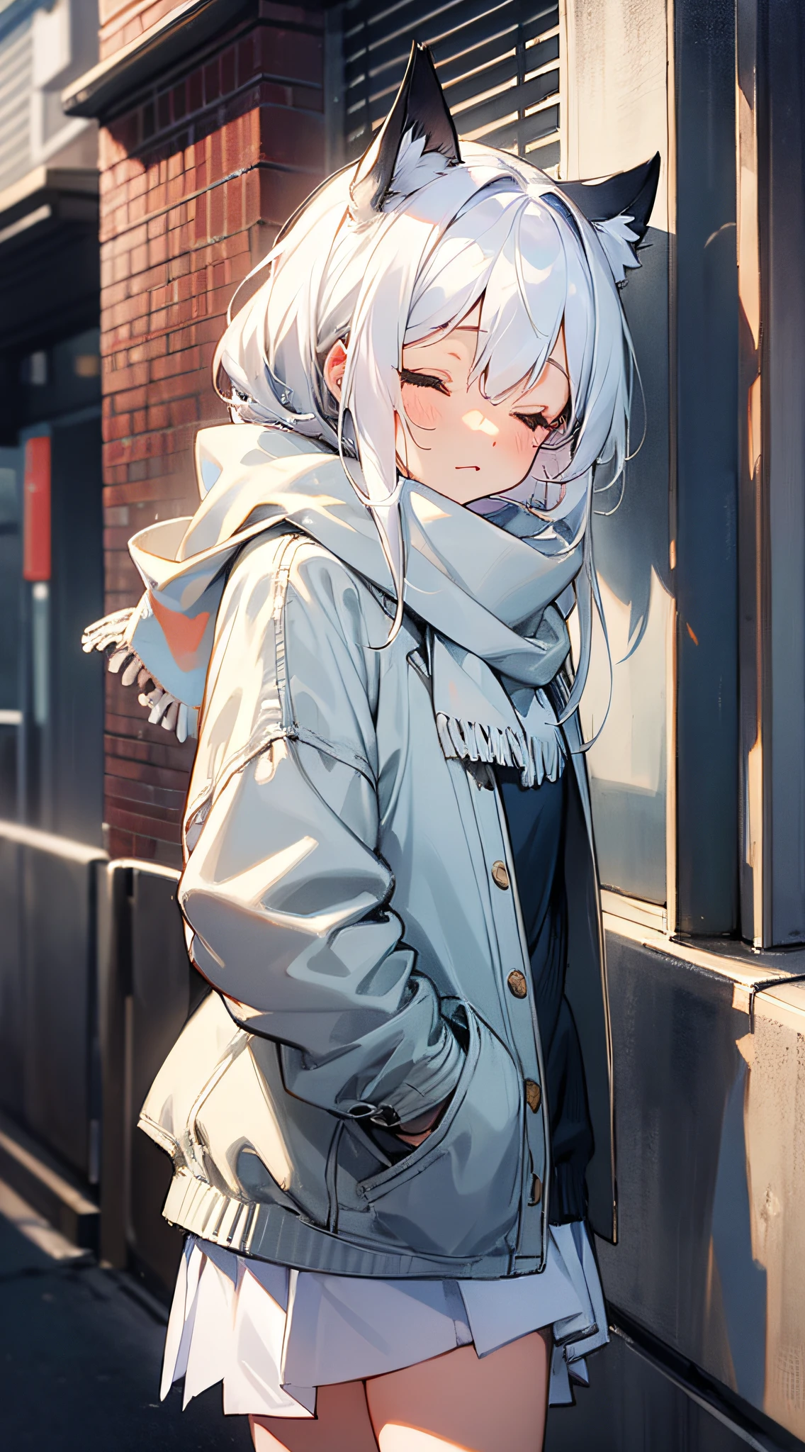 masterpiece, best quality, 1girl, white hair, medium hair, cat ears, closed eyes, looking at viewer, :3, cute, scarf, jacket, outdoors, streets,