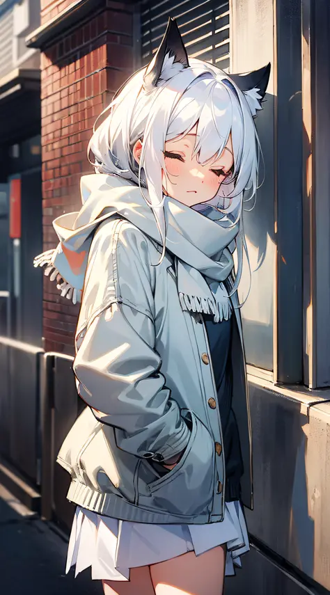 masterpiece, best quality, 1girl, white hair, medium hair, cat ears, closed eyes, looking at viewer, :3, cute, scarf, jacket, ou...