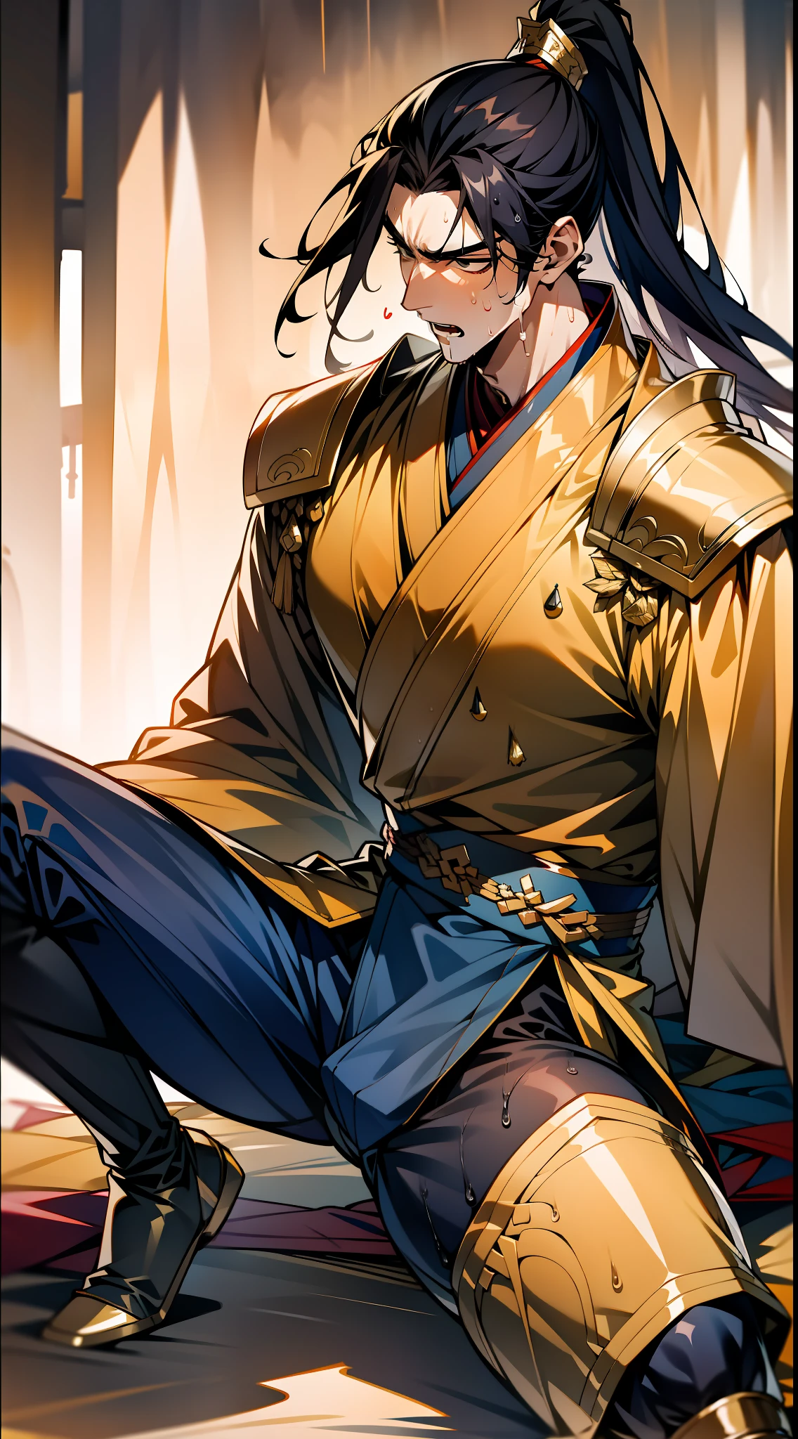 1 male, sweating, open mouth, drooling, wet, wet, sweating pectorals, sweating abs, sweating crotch, golden costume Hanfu, dragon robe, handsome face, evil, highest picture quality, dark skin, high ponytail long hair, detail Hanfu, wearing arm guards, armor, leg guards, leggings, boots (ancient Chinese military boots), looks like a general, squat, forked legs squat, half squat, crotch sweating, crotch shape, crotch sweat, long legs, leg contour, thigh close-up, calf close-up, perfect legs