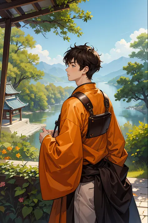 (best quality, masterpiece), oriental detailed background, landscape, boy, samurai costume, hair cut from the sides, brown skin,