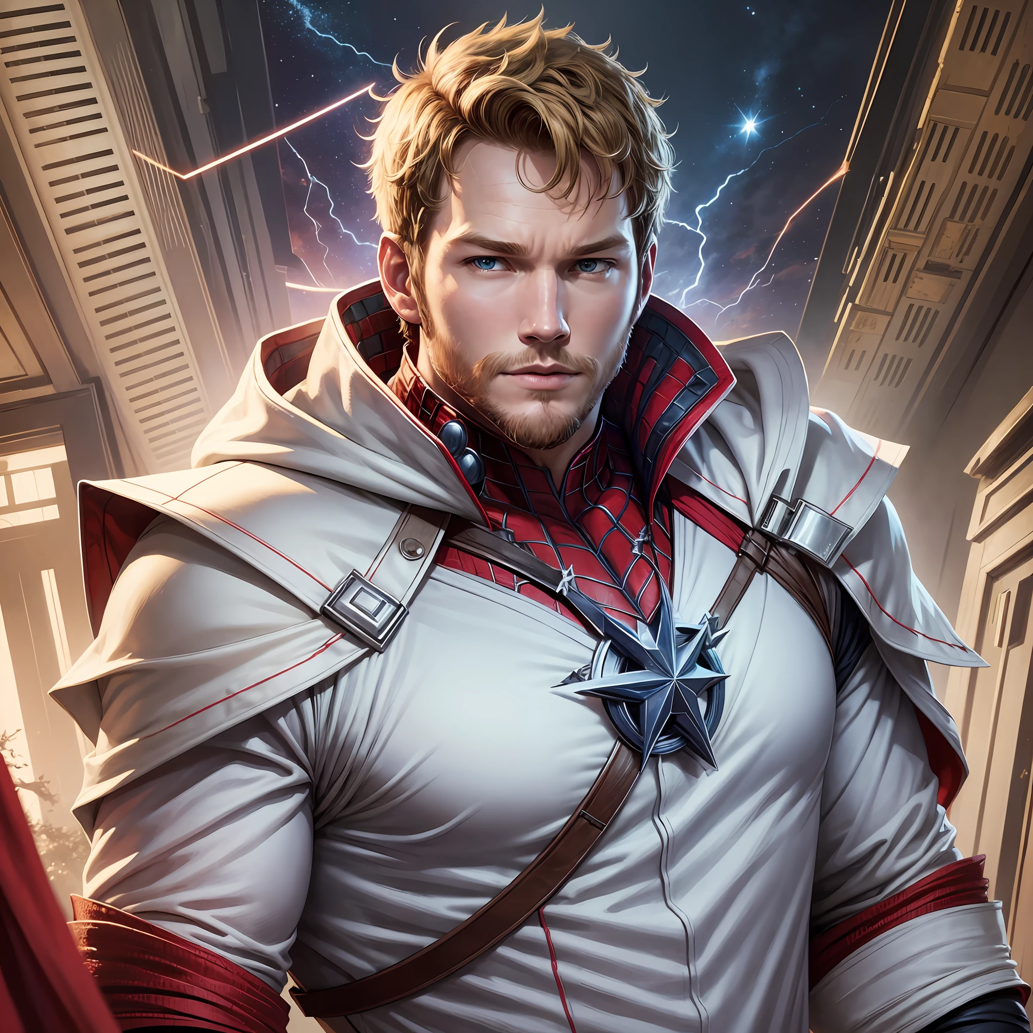 Chris Pratt, Avengers, Spider-Man, Beard, White Coat, Blonde, Star-Lord, MIX, Masterpiece, Top Quality, Cloak, Red Thunder