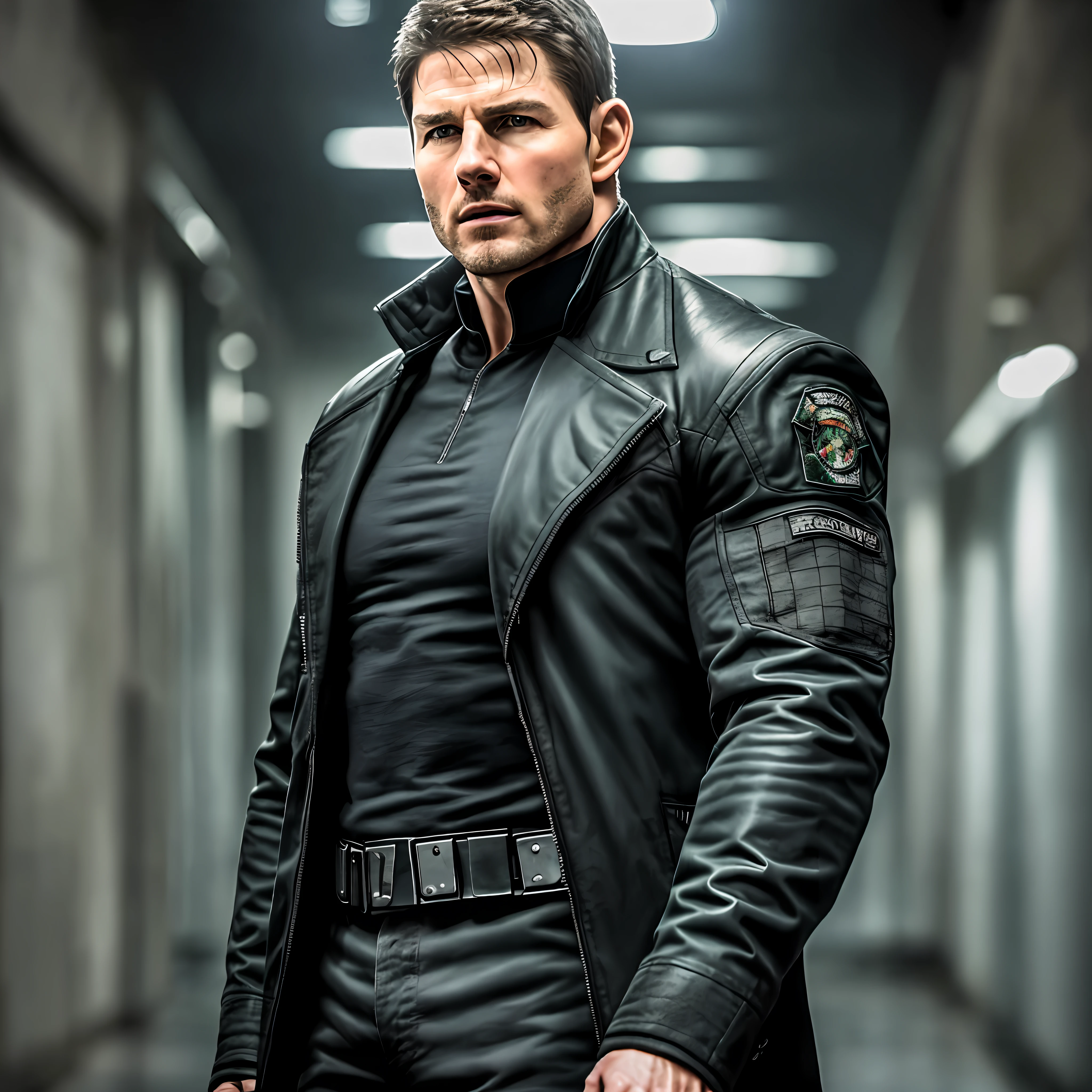 Chris Redfield if he was played by Tom Cruise in live action, wearing black long sleeves, black coat, tall and hunk, best quality, masterpiece, high resolution, soft lighting, dark gloomy hallway in the background, detailed face, super realistic, center focus