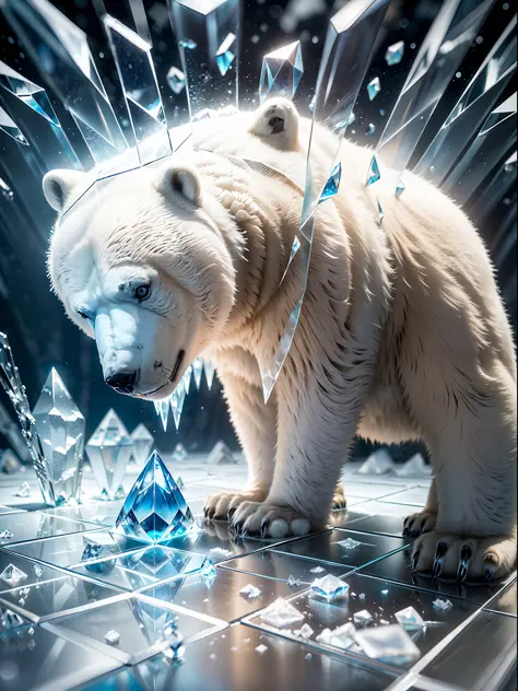 (clear glass), ((a crystal clear square ice cube)), ((there is a polar bear in the ice)), panorama, ultra fine, 16k resolution, ...