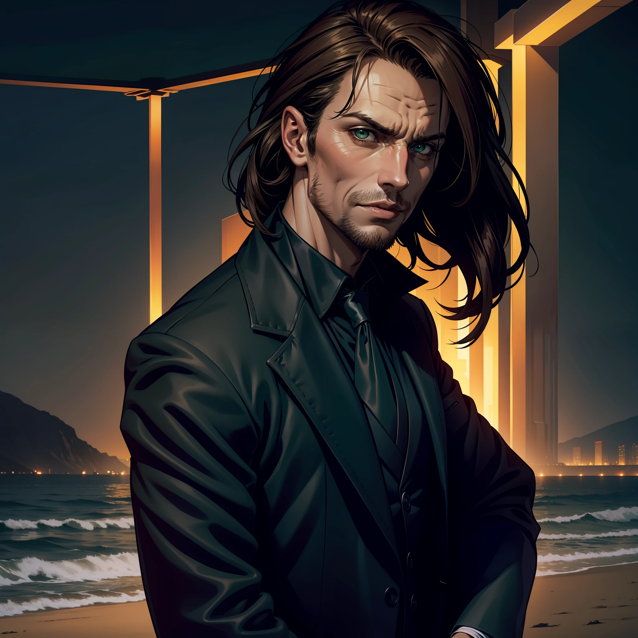 (extremely detailed 8k wallpaper), dark theme, Vampire the Masquerade, modern horror, 2020s, man 50 years old, wearing executive blue suit, sharp focus, (subsuperficial scattering:1.1), award-winning photography, centered face, (Will002's face), full body photo:1.1, dark brown hair, green eyes:1.2, fleshy mouth, indifferent expression, on the edge of the beach at night, dramatic lighting