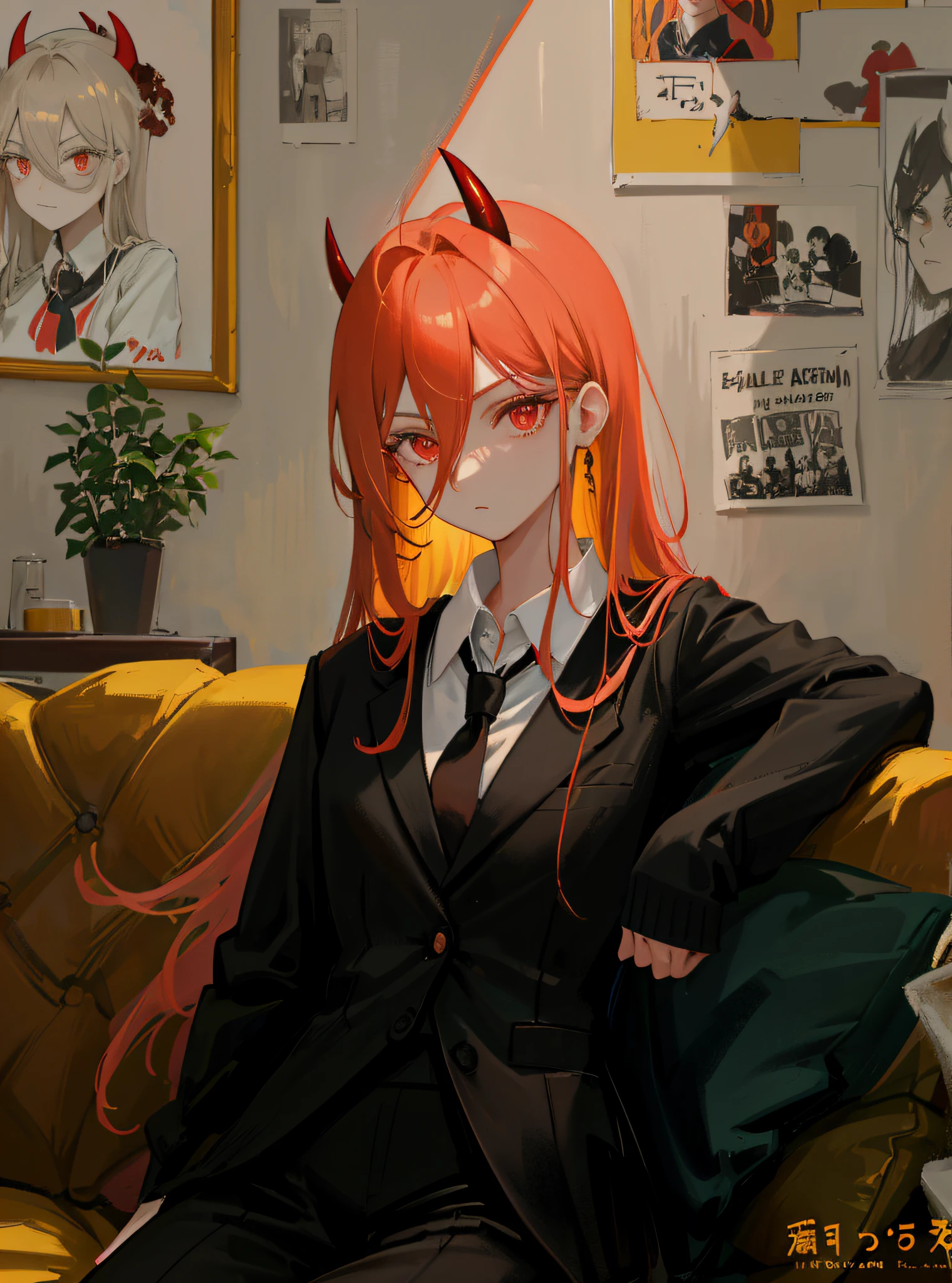 Masterpiece, Best Quality, (1 Girl, Solo Show), Power, White Shirt, Devil Horn, Red Eyes, Black Tie, Black Blazer, More Details, (Light Yellow Long Hair), Black Sweater, Bar, Poster on Wall, Strong Brush Strokes, Sofa