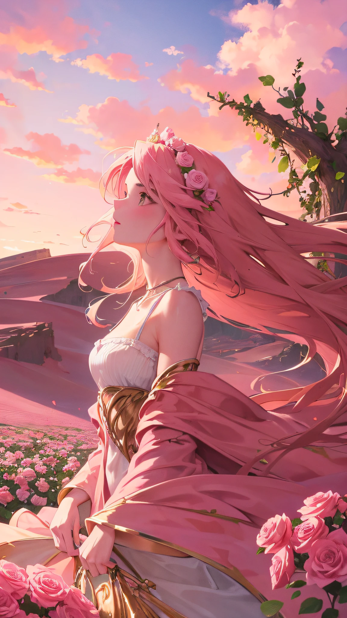 Summer, desert, pink clouds, a land overgrown with roses stands beautiful girl, James Gurney, art station rendered, ultra-wide lens, high definition