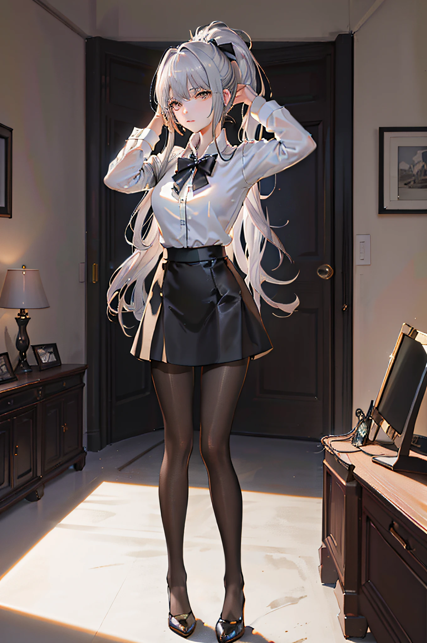 ((1 girl)),((high detailhyper quality,high resolution,))),(epic detail)),((soft shadows)),(ray tracing),{best shadow}, detailed background, ((living room)),((fluffy silver hair, busty slender girl with high ponytail)))), [avoid golden eyes in an ominous living room], (((Girl wears white shirt, black wrinkle skirt with black transparent pantyhose))), {shows a delicate slim figure and graceful curves}, movements: (standing), ((((hands behind the head))))), (facial details)