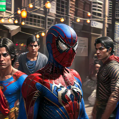 Spiderman, Superman, walking in ,indian street,blur Nikon camera image,crowd , High revolution, ultra detailed, masterpiece, top...