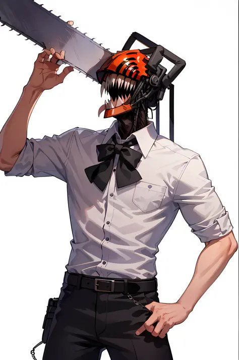 (Masterpiece, best quality: 1.2), cowboy shooter, solo, male focus, 1 boy, chainsaw man, chainsaw, sharp teeth, open mouth, tongue, collared white shirt, black tie, sleeves rolled up, black pants, belt,