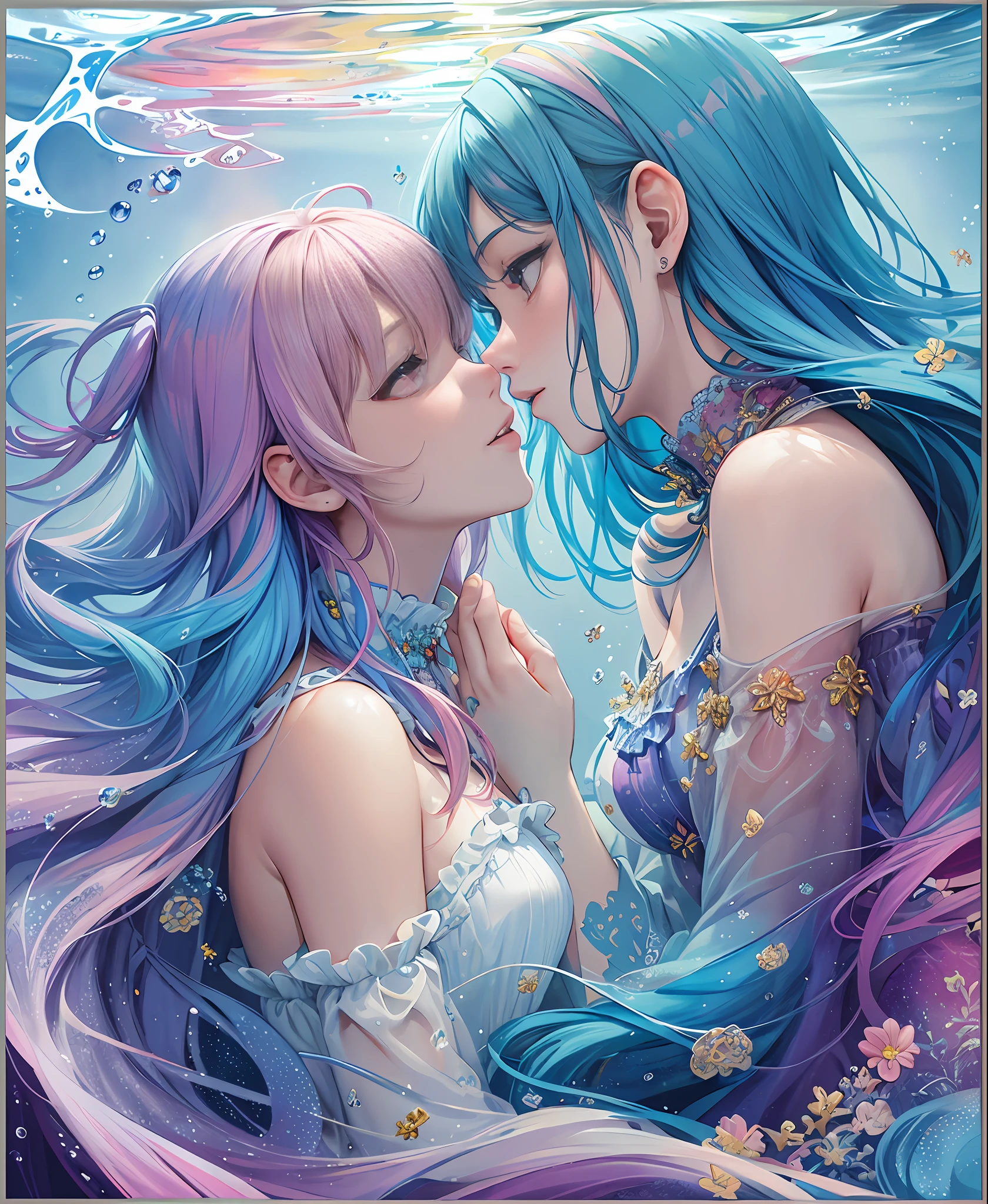 Anime couple kissing in the water with flowers and butterflies - SeaArt AI