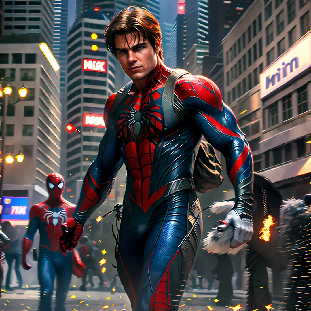 Tom cruise as a spider man , walking in crowd,blur Nikon camera image, masterpiece, realistic,top quality --auto --s2