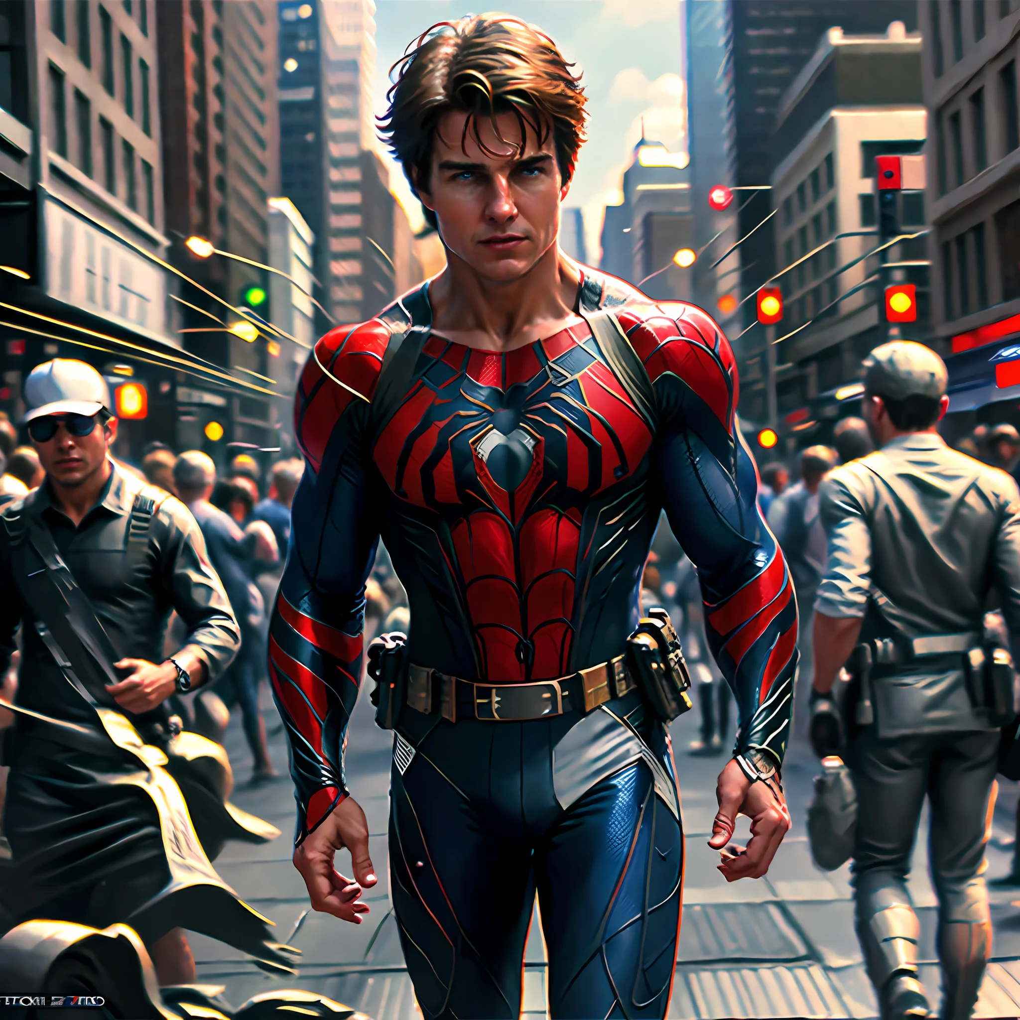 Tom Cruise como Homem-Aranha , andando na multidão,desfocar a imagem da câmera Nikon, obra de arte, realista,qualidade superior --auto --s2