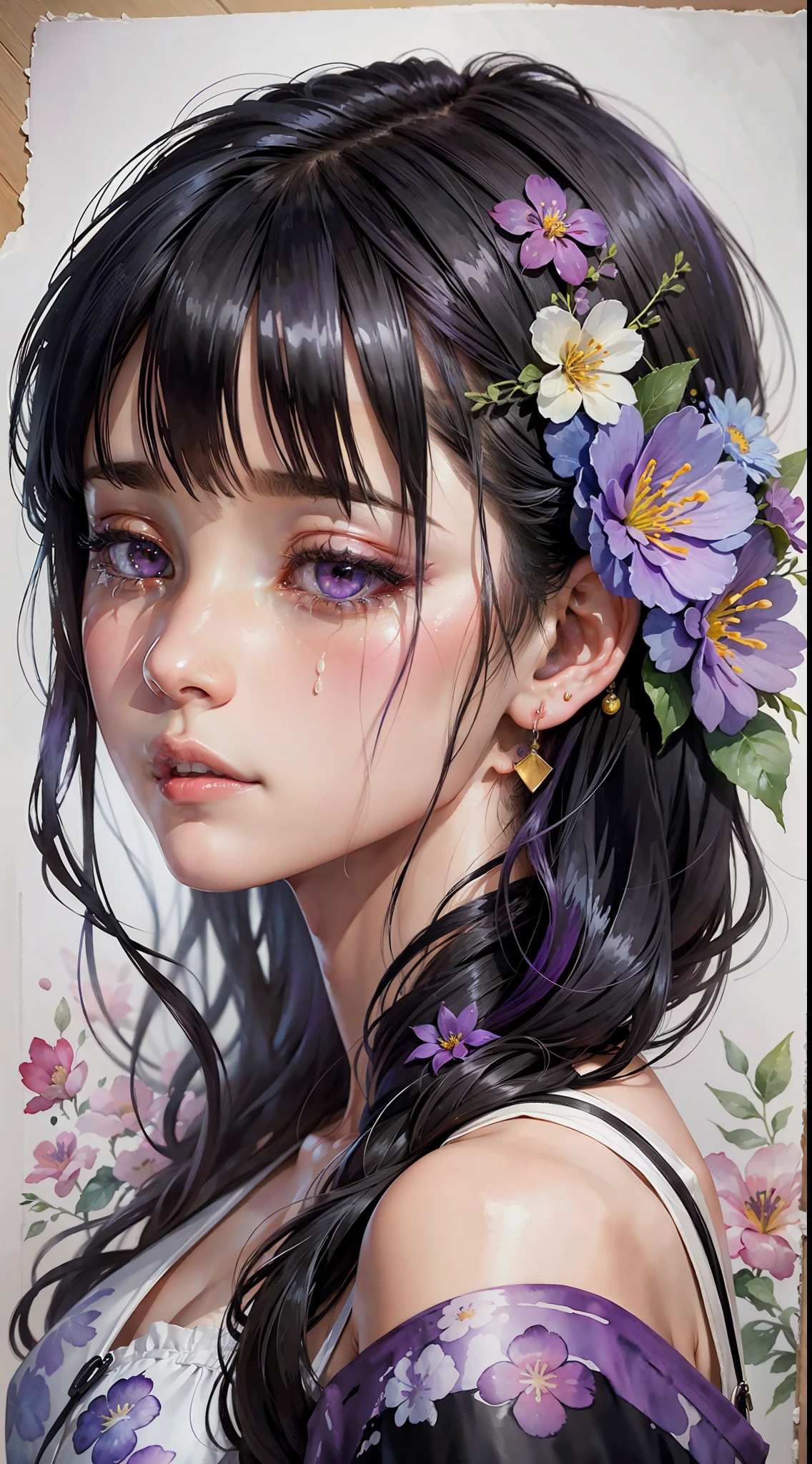 (Watercolor: 1.3), (Watercolor), Ink, A Girl, Solo, Flowers, Portrait, Leaves, Bangs, Black Hair, Long Hair, Purple Eyes, Flower Earrings, (Crying) 4K Resolution, High Resolution, Ultra High Resolution, Epic Shooting, Detailed, Accurate, Detailed, (Masterpiece)