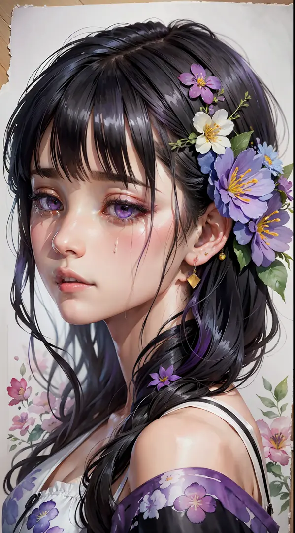 (watercolor: 1.3), (watercolor), ink, a girl, solo, flowers, portrait, leaves, bangs, black hair, long hair, purple eyes, flower...