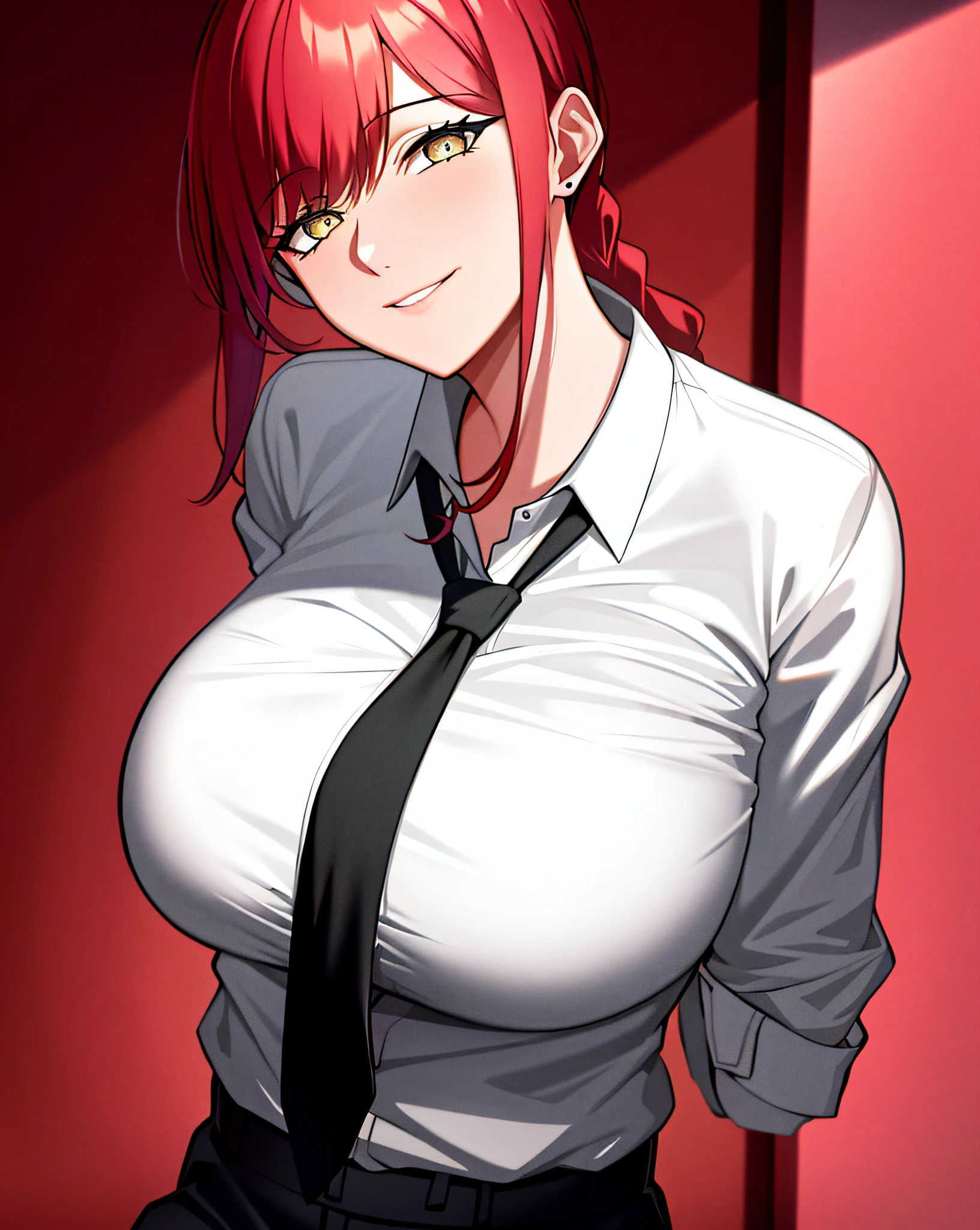est quality, 1girl, white wet shirt, collared shirt, black necktie, black trousers, looking down, sensual, rotated, granny flat, evening, corneo_makima, makima \(chainsaw man\), (large breasts:1.4) , fingersmile:1.2, bored, ringed eyes, red hair, braided ponytail, color connection, colorized, vibrant color scheme, colorful, spot color, nsfw, cinematography, hyperdetailed, beautiful face, 4k, HD, artstation trending on artstation,