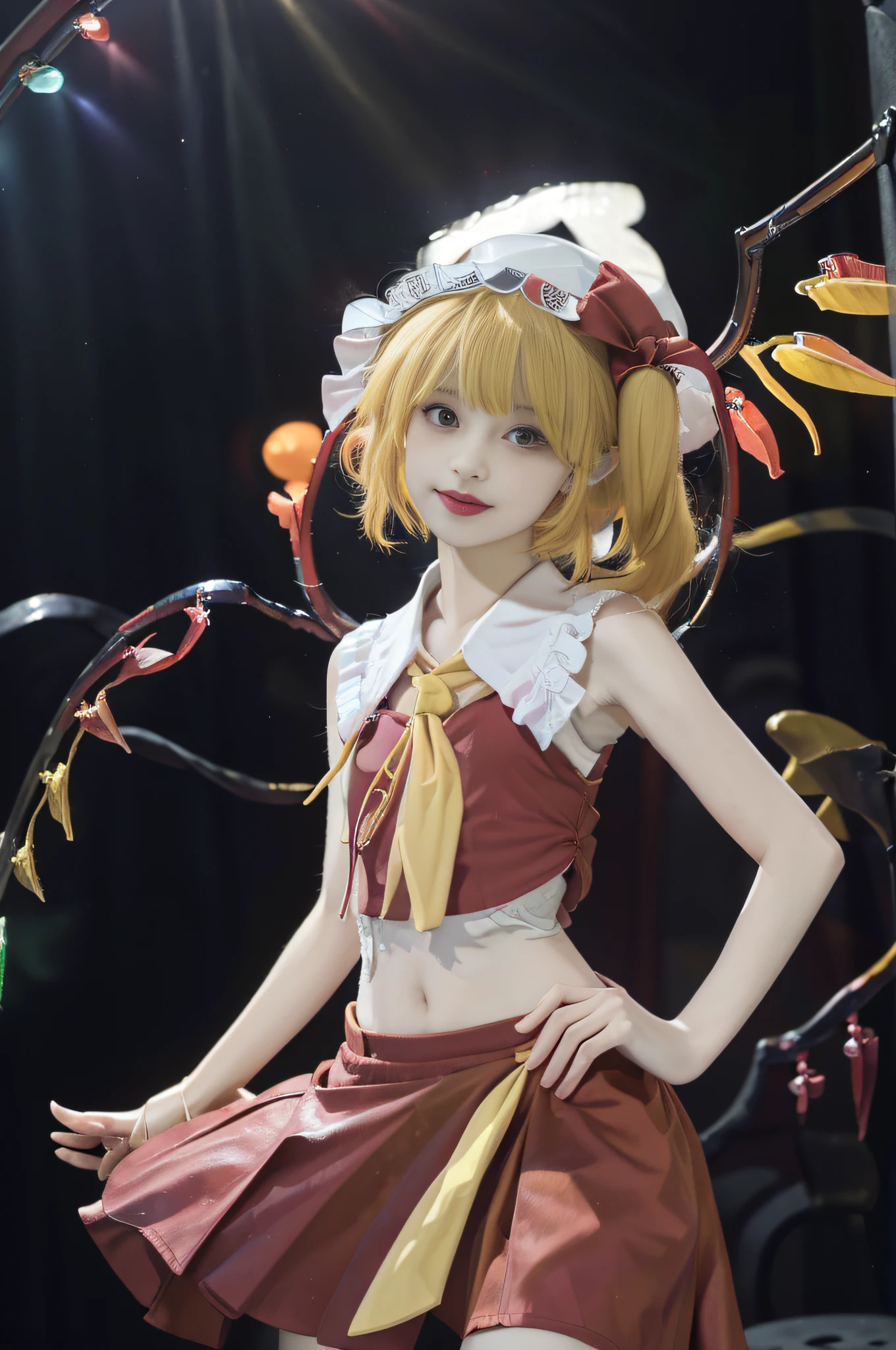 ((フランダース・スカーレット)), ((東方Project)), コスプレ, ((黄色い髪)), ((前髪)), ((サイドテール)), ((黄色のネクタイ)), ((オープンシャツ)), ((赤いスカート)), ((白い帽子)))), (ノースリーブ)), ((薄化粧)), (軽装)))), (へそ))), (宝石の羽)))), (((一時停止)) ), ((洋画))), スリムガールモデル,  女性モデル, (悪魔の微笑み), (カメラ目線)