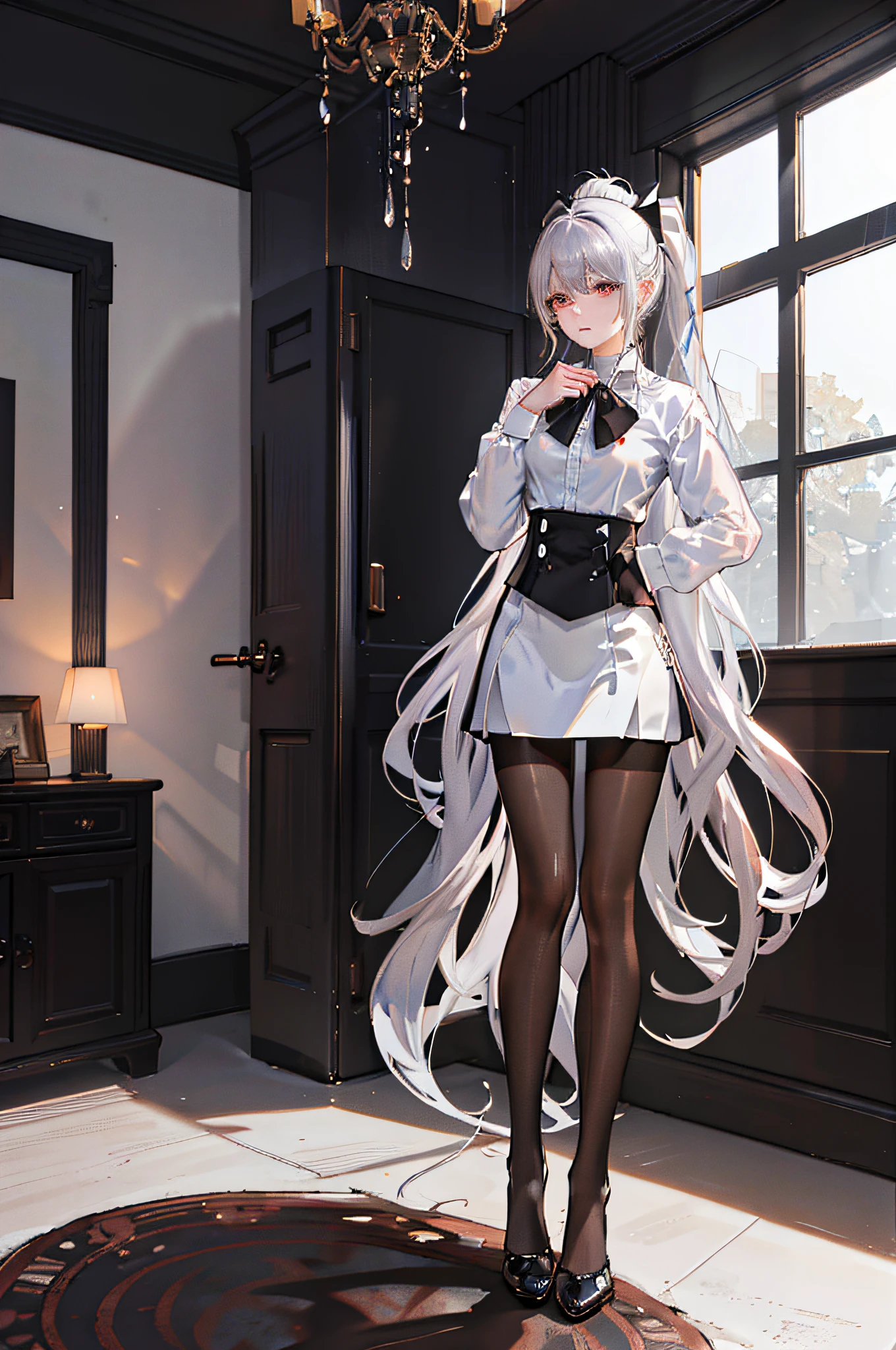 ((1 girl)),((high detailhyper quality,high resolution,))),(epic detail)),((soft shadows)),(ray tracing),{best shadow}, detailed background, ((living room)),((fluffy silver hair, busty slender girl with high ponytail)))), [avoid golden eyes in an ominous living room], (((Girl wearing white shirt, black wrinkled skirt with black transparent pantyhose))), {shows a delicate slim figure and graceful curves}, ((front)), (Standing), ((Hands hidden behind the head))))), (Facial details)