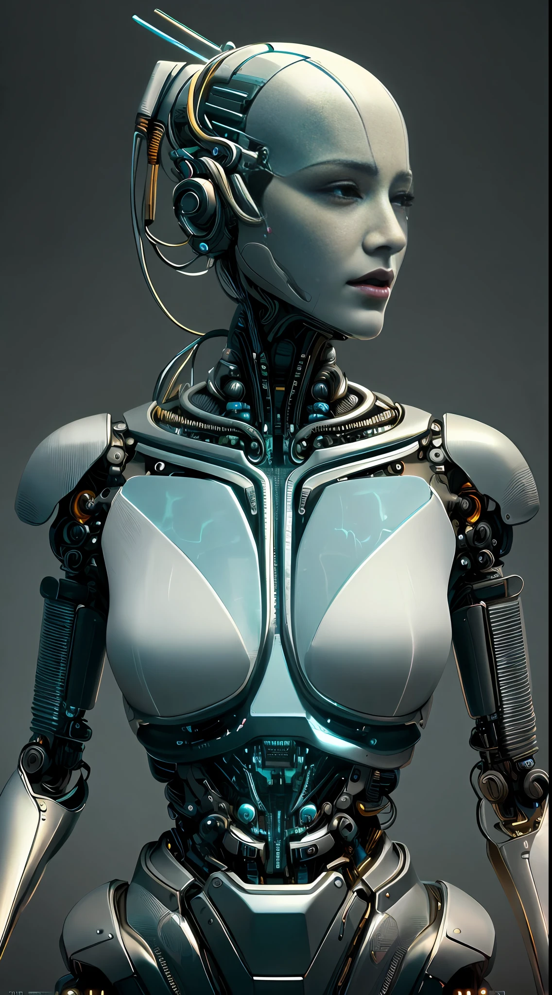 komplexes, ultradetailliertes 3D-Rendering eines wunderschönen Porzellanprofils einer Frau mit Android-Gesicht, cyborg, Roboterteile, 150 mm, Schönes, weiches Studiolicht, Felgenlicht, lebendige Details, luxurious cyberpunk, Spitze, hyperRealistisch, anatomisch, Gesichtsmuskeln, kabel elektrische drähte, Mikrochip, elegant, Schöner Hintergrund, octane render, H. R. Giger style, 8k, beste Qualität, Meisterwerk, Illustration, eine äußerst zarte und schöne, extrem detailliert ,CG ,Einheit ,HINTERGRUND, (Realistisch, photo-Realistisch:1.37),toll, fein detailliert, Meisterwerk,beste Qualität,offizielle Kunst, extrem detailliert CG Einheit 8k HINTERGRUND, absurdesten, incredibly absurdesten, , robot, Silberperlen, Ganzkörper, Sitzung