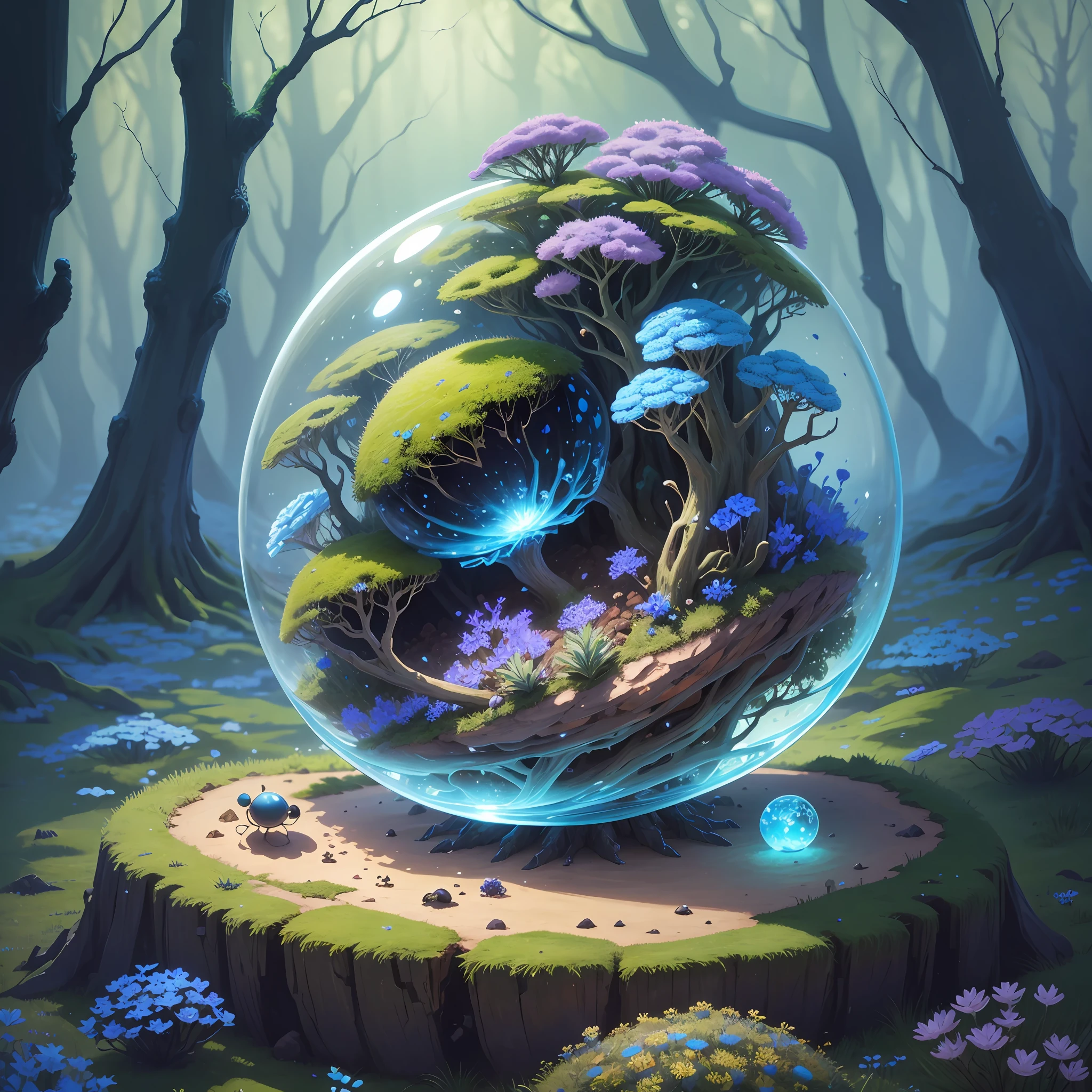 Cute anthill with moss and cute glowing ants sitting on top, made of sand, blue higan flowers blooming, transparent fog, hemispherical looking down from the sky, fantasy, art --auto --s2