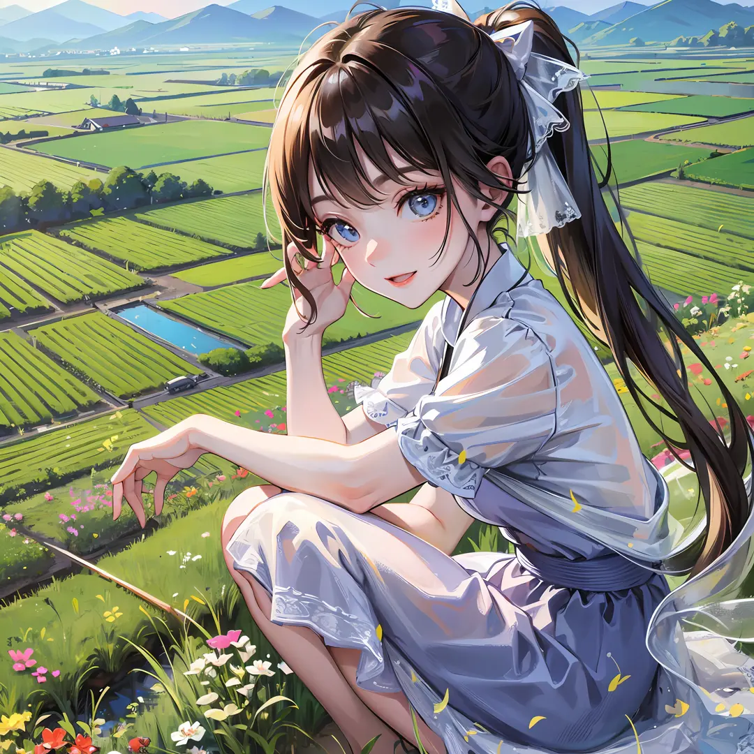 Masterpiece, best quality, (granularity: 0.7), intricate details, sharpness, perfect anatomy, fine details, bloom, noon, bright colors BREAK cute girl, birdwatching, leaning on hand, detailed eyes, from the front, half squatting in rice, double ponytail, d...