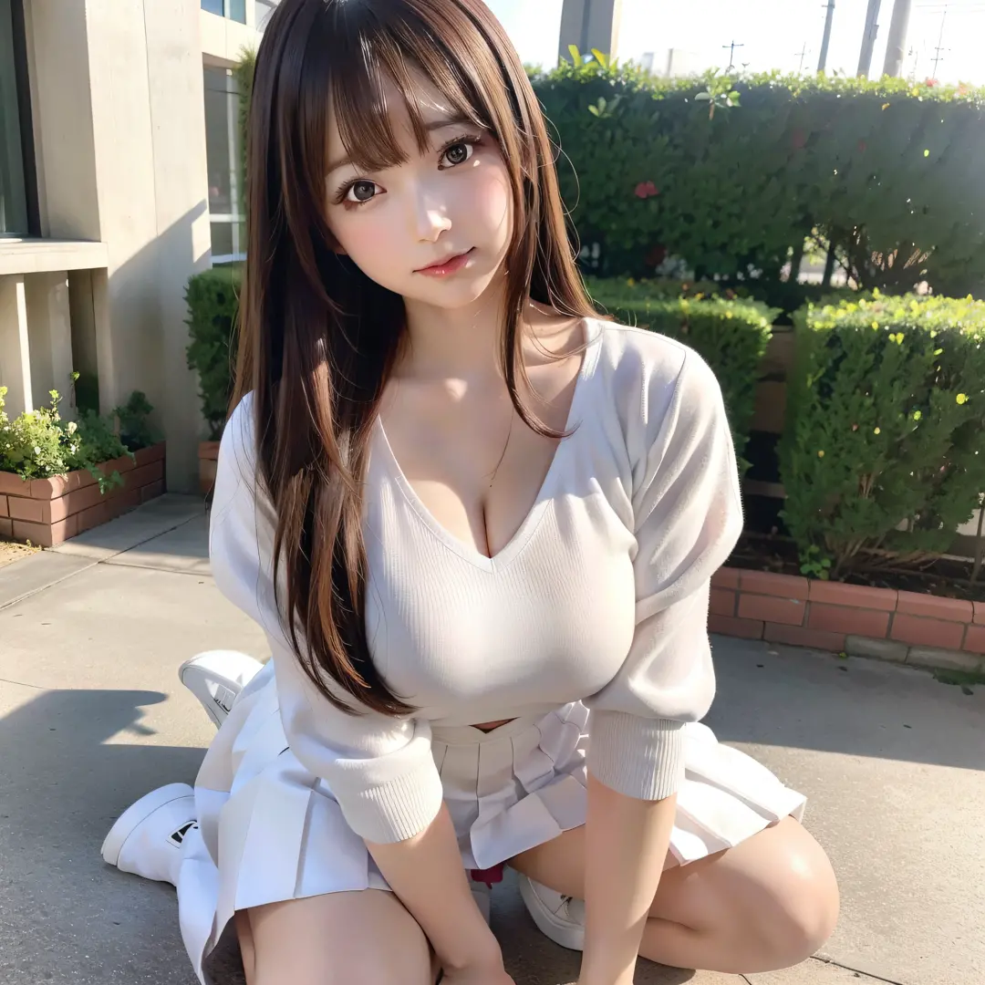 Student, long and untied light brown hair, pinched eyes, long eyelashes, nice style and very large breasts, visible white skirt pants, anime style, beautiful anime student, surreal student, surreal student, seductive anime girl, realistic student, large br...