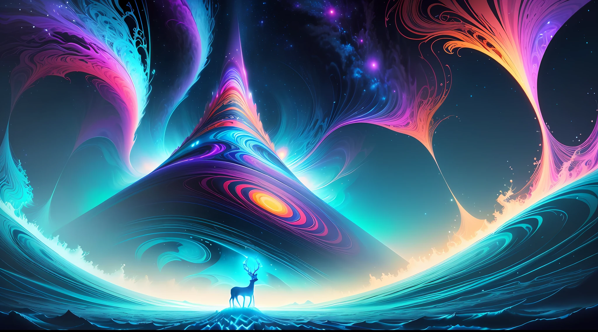 A deer standing on a moon shaped object in the sky and dreaming of electric sheep, blurry and dreamy illustration, calm night. Digital illustration, Blurred and dreamlike illustration, Amédée Ozenfant, dreamlike illustration, in astral plane)) ), colorful plane surreal ethereal, in cosmic realm, in surreal dreamy landscape, light shadows, waves, multiple layers, Foreground, vista, fractal thunder Dan Mumford, Dan Mumford and Alex Gray style, psychedelic surreal art, surreal psychedelic design, fantasy art style, illusion psychedelic art, infinite psychedelic waves , inspired by Cyril Rolando, real ripple structure, psychedelic art style, psychedelic art, psychedelic illustration -- V6