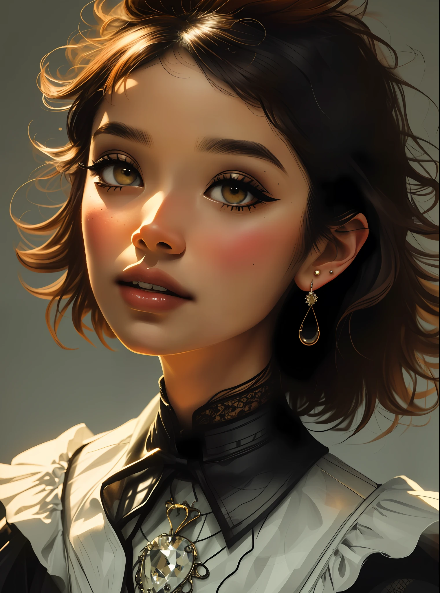 cute, ultra-detailed, illustration, intricate, detailed, extremely detailed, detailed face, soft lighting, soft light, soft focus, perfect face, beautiful, accurate anatomy, overexposure, 8k, 4k, (highres:1.1), best quality, (masterpiece:1.3), 1girl, solo, black hair, jewelry, looking at viewer, gothic, earrings, head tilt, collar, fishnets, bangs, parted lips, piercing, ear piercing, lips, upper body, brown eyes, short hair, makeup