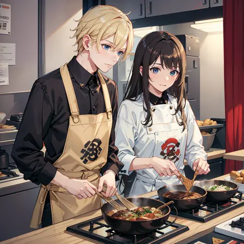 Blonde haired boys and black-haired girls cooking