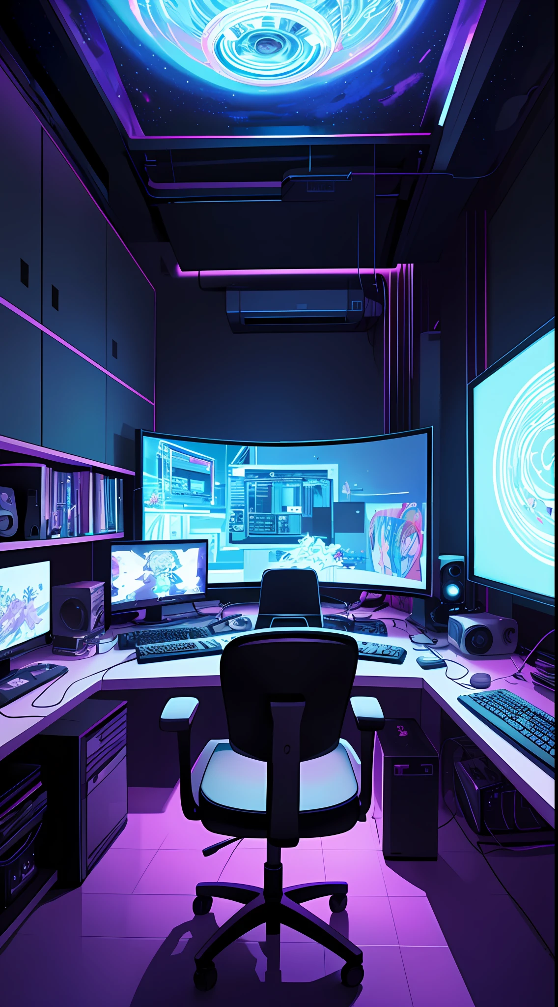 (masterpiece), (best illustration),(no humans), anime background, gaming bedroom, television with large computer, ring lighting , rim lighting,(extremely detailed CG unity 8k wallpaper),(masterpiece), (best quality), (vaporwave style), (ultra-detailed), (best illustration),(best shadow),perfect lighting , perfect anatomy , vivid colors,