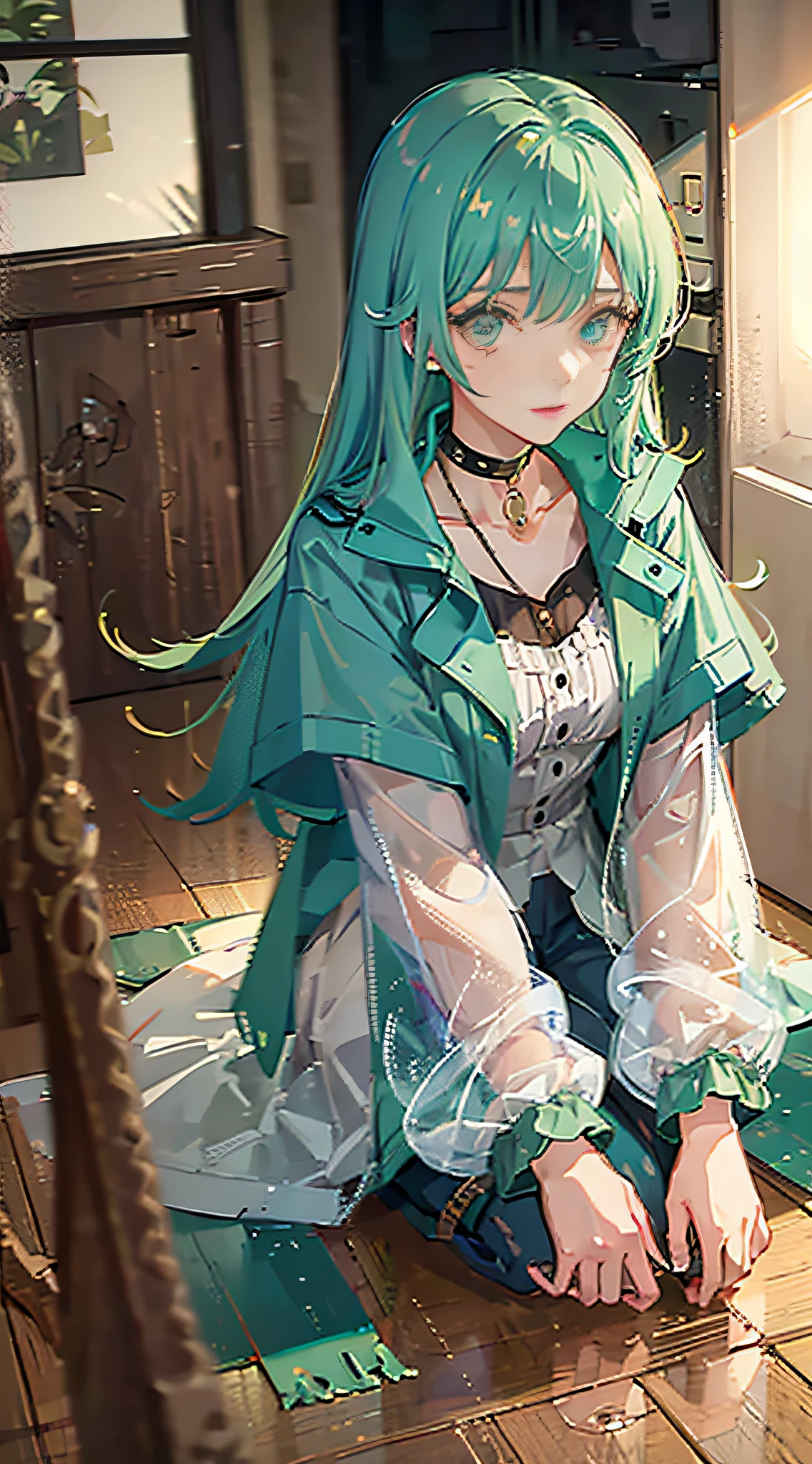 Masterpiece, best quality, 1girl, long green hair, raincoat, choker, necklace, fashion, wooden floor, wariza,