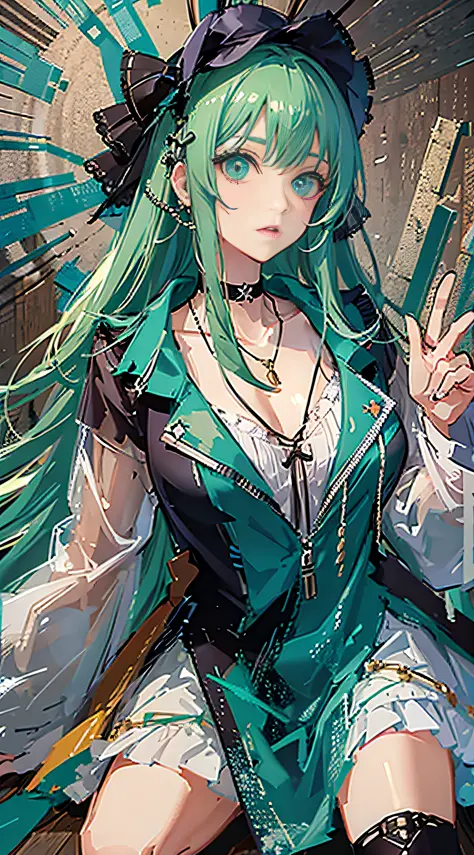 masterpiece, best quality, 1girl, long green hair, raincoat, choker, necklace, fashion, wooden floor, wariza,