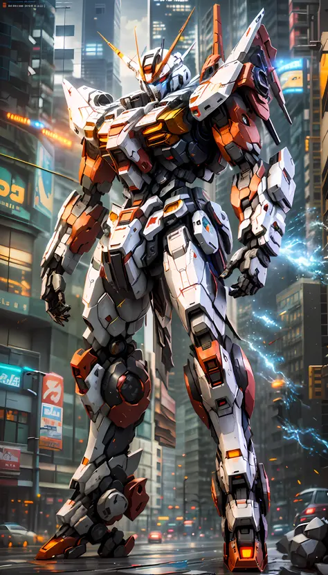arafed robot standing in a city street with a city in the background, painterly humanoid mecha, mecha suit, cool mecha style, al...