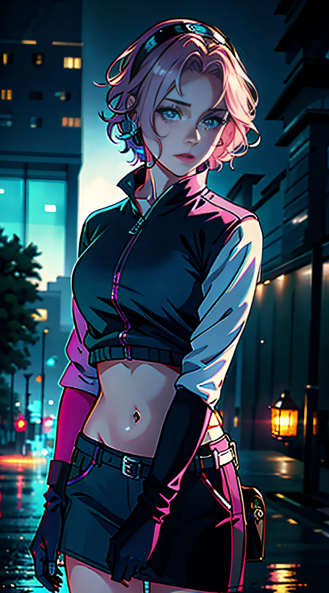 1 girl, casual clothes, princess, tie, gloves, outdoor, sky, full moon, rain, pink hair, forehead showing, short hair, blue eyes, standing, night sky, sideways, reflection, long hair, overcast sky, {{(art teacher) , (extremely detailed CG unit 8k wallpaper), best quality, solo, 1 girl, cinematic lighting, detailed background, beautiful detailed eyes,  bright pupils (extremely delicate and beautiful), (beautiful and detailed description of the eye) , ultra detailed, masterpiece,}},