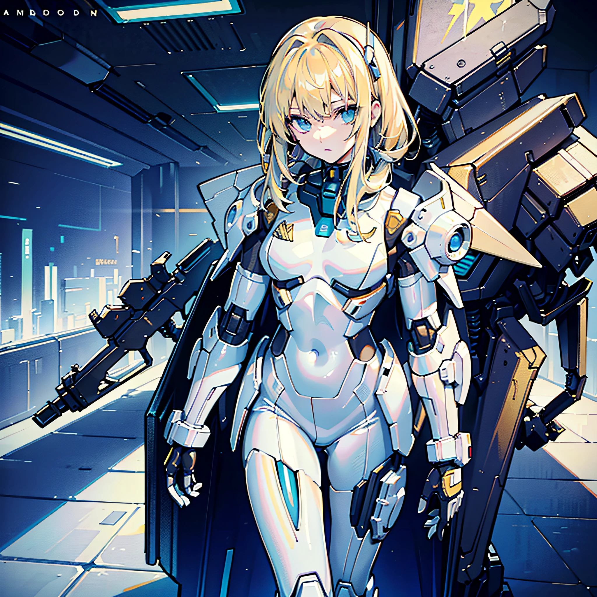 Golden Hair, Masterpiece, Best Quality, One Girl, Middle, (((Album Cover)), Light on Face, Slim Body, White and Blue Costume, Exoskeleton, Metal Gear, Cyberpunk Style, Gundam