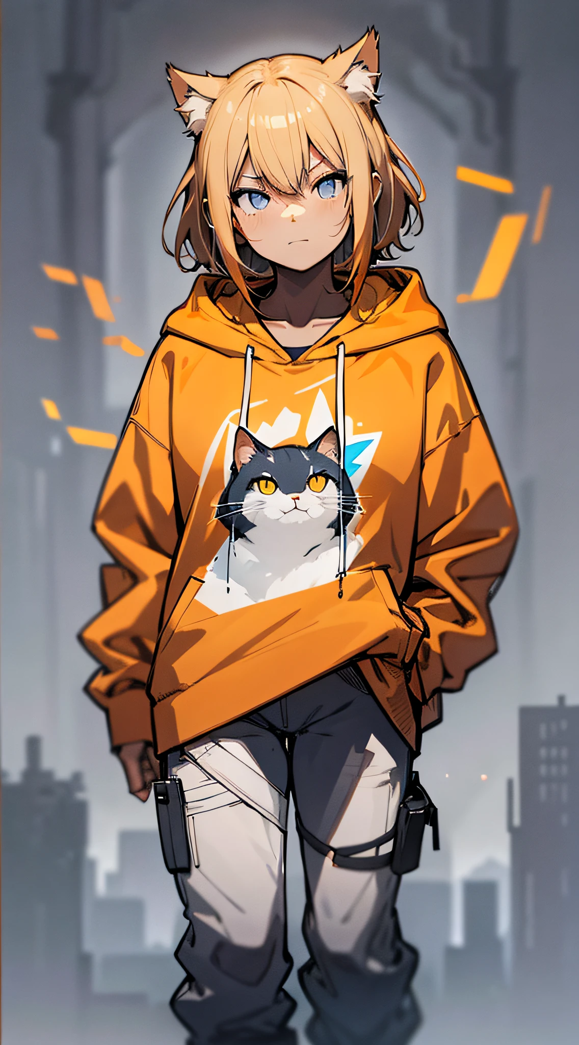 masterpiece, flat background, no background, full body, standing, cat-eared girl one, solo, cute, oversized orange hoodie, t-shirt, seven-quarter length pants, 50mm portrait, delicate features, semi-realistic, sharp focus, super detail, absurdity, depth of field, neon