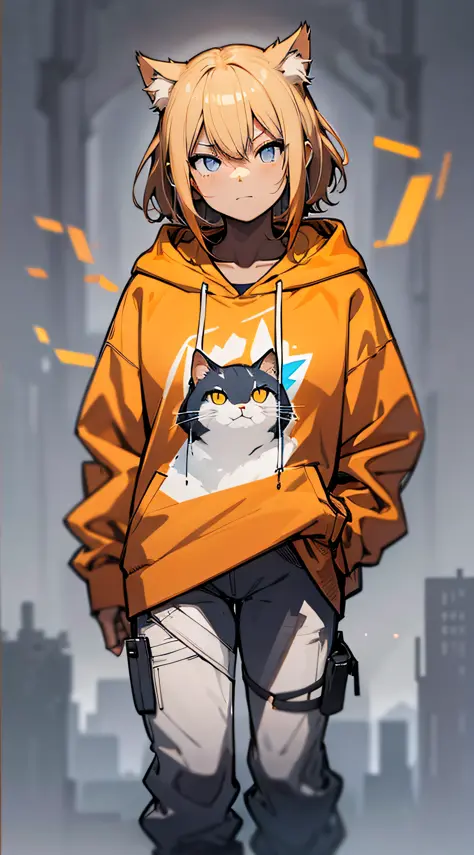 masterpiece, flat background, no background, full body, standing, cat-eared girl one, solo, cute, oversized orange hoodie, t-shi...