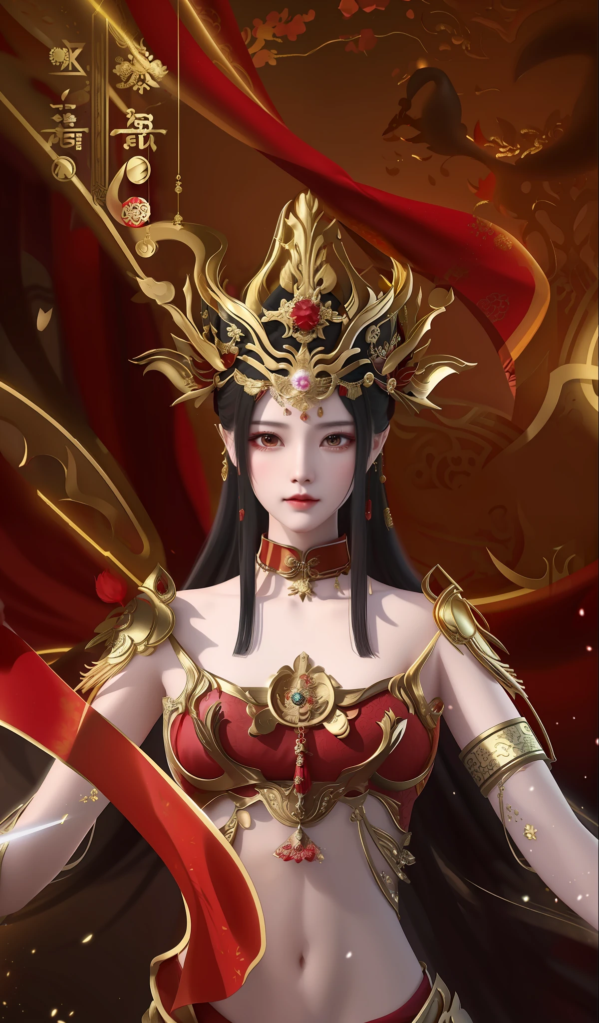 a woman in a red and gold costume holding a sword, a beautiful fantasy ...