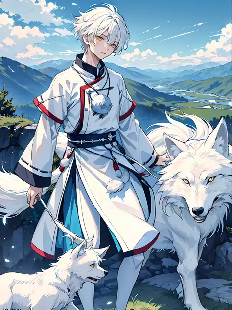 (((young, light-skinned boy, straight white hair, 18 years old)))), he wears white clothes with gray adornments and details, (((...