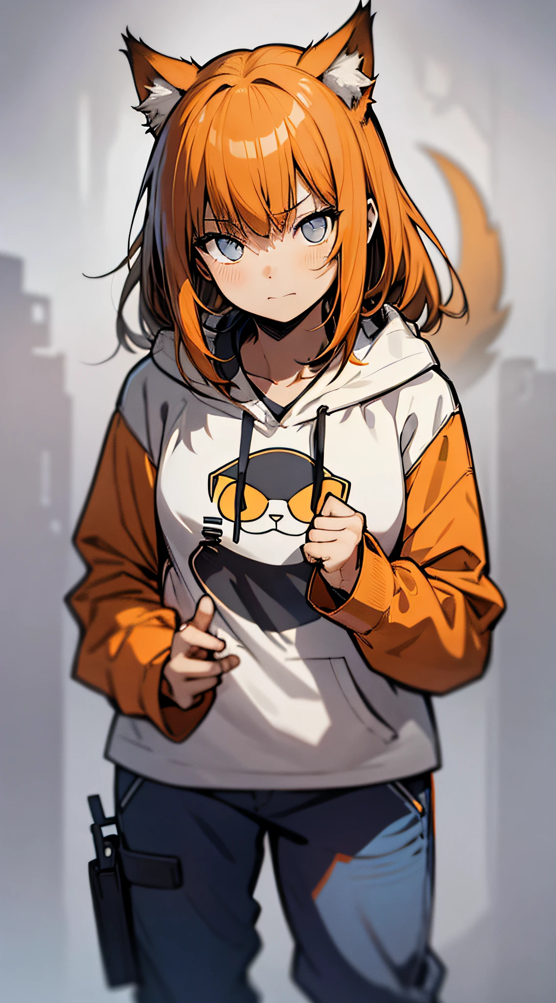 masterpiece, flat background, no background, full body, standing, cat-eared girl one, solo, cute, oversized orange hoodie, t-shirt, seven-minute length pants, 50mm portrait, delicate face, semi-realistic, sharp focus, super detail, absurdity, depth of field,