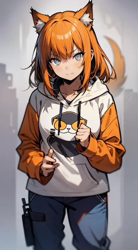 masterpiece, flat background, no background, full body, standing, cat-eared girl one, solo, cute, oversized orange hoodie, t-shi...