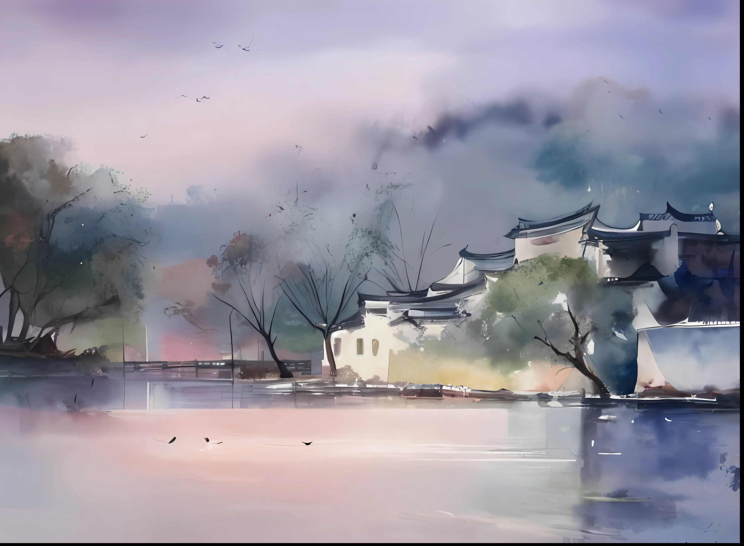 Aquarellmalerei, Jiangnan-Architektur, Landschaft, see wasser, Enten, Dunstiger Nebel, Verträumte Farben,