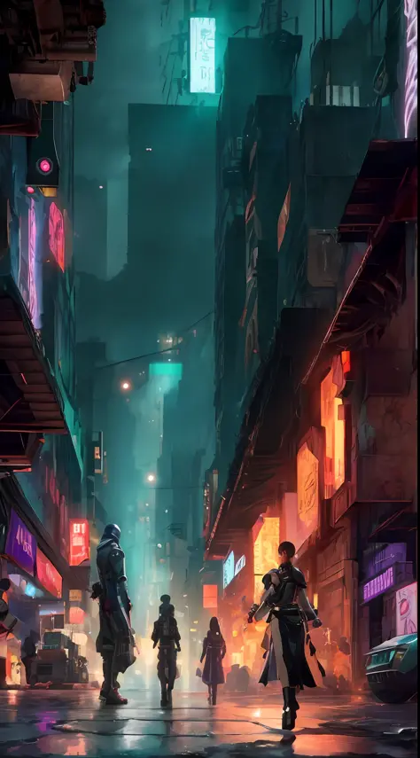 arafed image of a group of people walking down a street at night, cyberpunk city street, cyberpunk night street, cyberpunk blade runner art, stylized urban fantasy artwork, cyberpunk streets at night, cyberpunk street, cyberpunk street at night, in cyberpu...