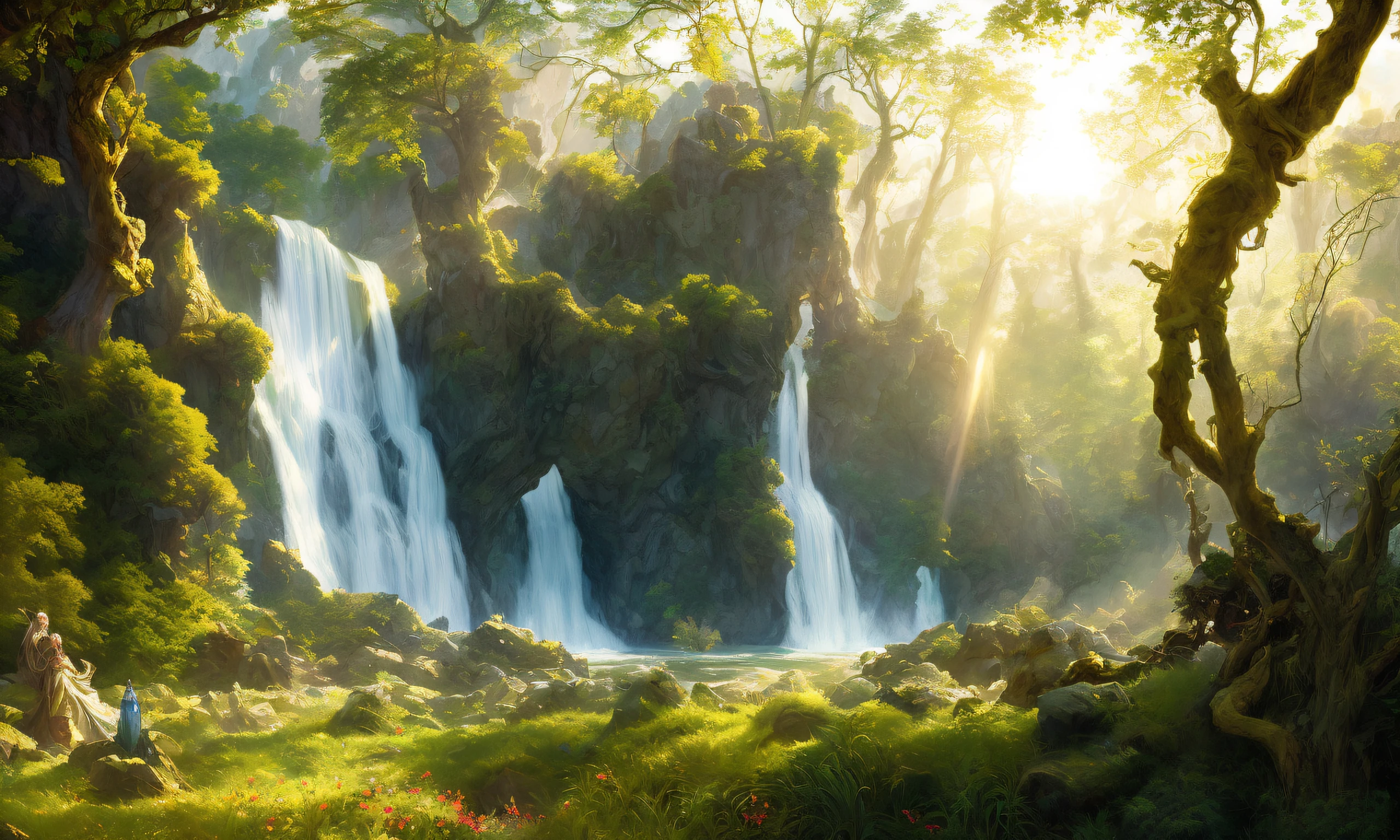 Retrato de paisaje de un exuberante valle mágico de fantasía entre montañas., Río azul que fluye entre bosques., Rocas de cristal azul que sobresalen del suelo., pilares de piedra, enorme entrada a la cueva, castillo en el fondo, tiempo de día, nubes blancas y esponjosas, Hermosas flores silvestres cubren el suelo., cascada, (contraluz), Realista, obra maestra, de la máxima calidad, ((armadura intrincada)), bosque de fantasía en el fondo, ((entusiasmado)), Destello de lente, sombra, floración, ((destellos de luz)), [aberración cromática], por Jeremy Lipking, por Antonio J. Manzanedo, por (Alphonse Mucha), pintura digital