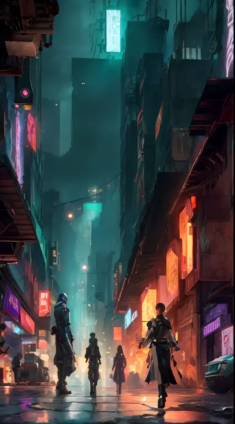 arafed image of a group of people walking down a street at night, cyberpunk city street, cyberpunk night street, cyberpunk blade...