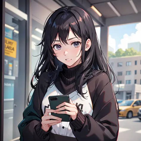 Black-haired girl looking at her phone
