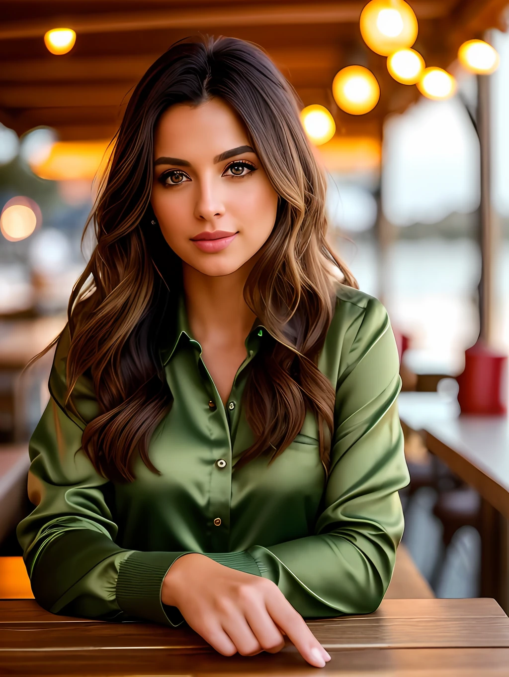photo of (sh0hreh:0.99), a stunning beautiful young woman, green eyes, long messy windy light brown hair, closeup zoomed in tight crop portrait, sitting at a (table on a seaside boardwalk cafe bar drinks cocktails:1.2) wearing a (red designer long sleeve shirt:1.3) (drinks on table:1.3) (Lighting-Gold:1.2) foreground objects background details (masterpiece:1.2) (photorealistic:1.2) (bokeh:1.2) (best quality) (color grading) (detailed skin:1.3) (intricate) (8k) (HDR) (cinematic lighting:1.3) (sharp focus)